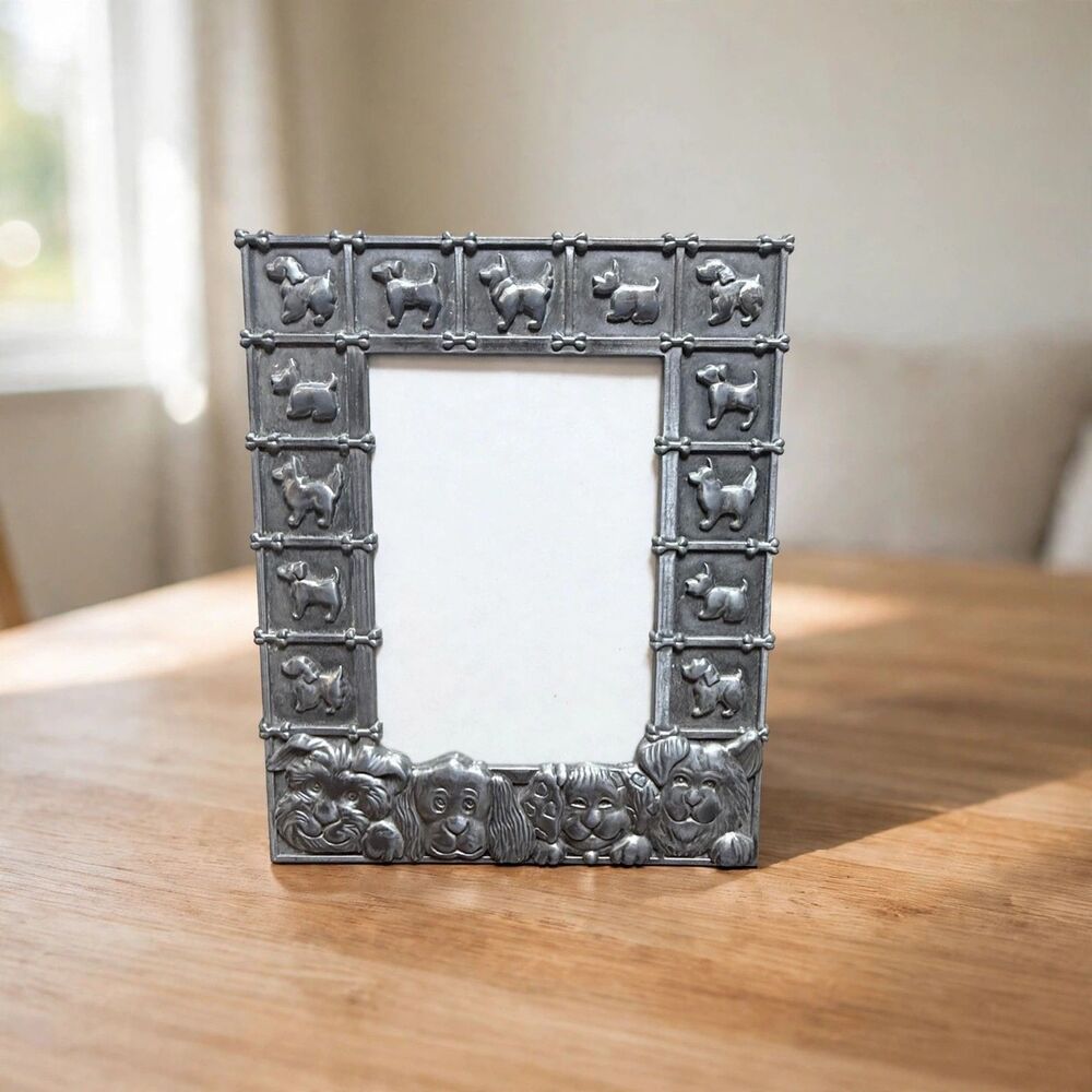 Pewter Dog Picture Frame Embossed Puppies Bones Metal 3.5x5 Photo Whimsical